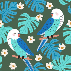 Seamless Repeat Tropical Parrot Lovebird Bird Exotic Palm Pattern