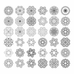 Set of outline flowers on white background Round ornaments Flower icon Decorative elements Mandala Vector illustration