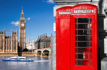 Obraz premium London symbols with BIG BEN and red Phone Booths in England, UK