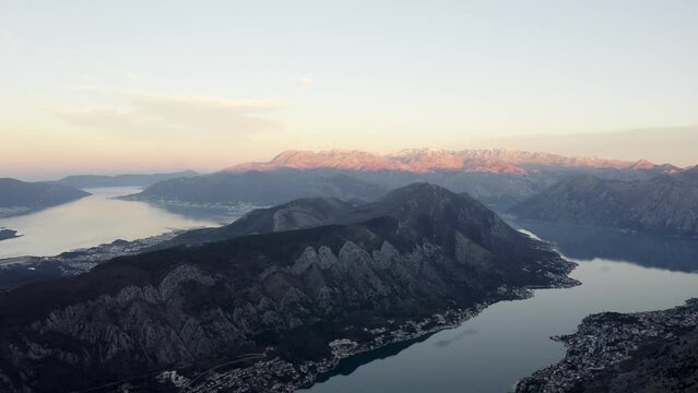 Bay of Kotor in the Adriatic Sea at sunset, southwestern Montenegro. Aerial