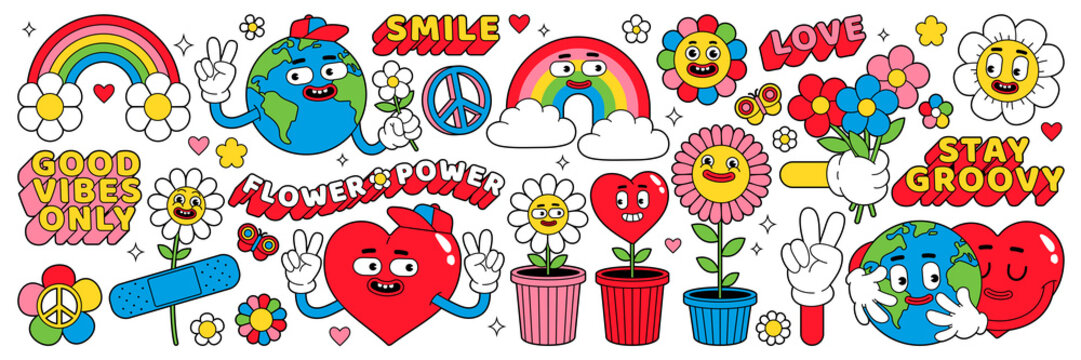Naklejka Groovy cartoon characters. Funny happy Earth, Peace, Love, rainbow, heart, flower, daisy. Sticker pack in trendy retro cartoon style. Isolated vector illustration. Hippie 60s, 70s style. Flower power.
