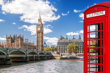 London symbols with BIG BEN and red Phone Booths in England, UK - 509354825