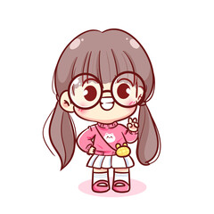 Happy cute kid girl kawaii children hand drawn cartoon character illustration