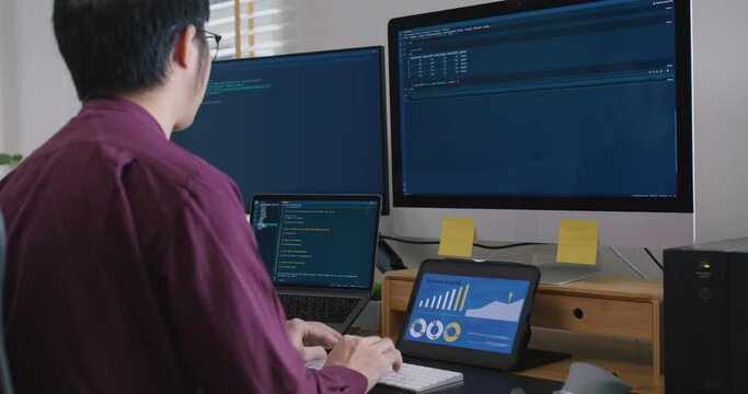 Digital transformation future workforce web DEV career development. Asia people young talent man busy work at home office reskill upskill martech job remote test on AI cloud computing cyber security.