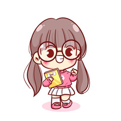 Happy cute kid girl holding book kawaii children hand drawn cartoon character illustration