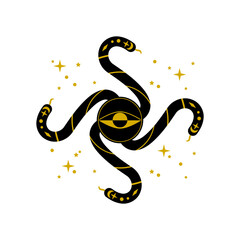 Fototapeta premium Black golden snake with eye and celestial stars mystic witch boho tattoo flat vector icon design.