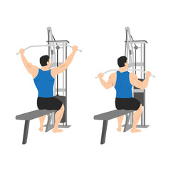 Fototapeta premium Man doing seated Wide grup lat pulldown flat vector illustration isolated on white background
