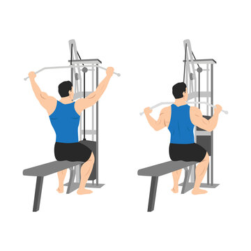 Man doing seated Wide grup lat pulldown flat vector illustration isolated on white background