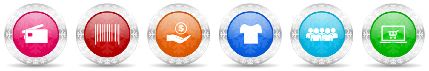 Business, shopping, sale icon set in 6 color options. Christmas design glossy web buttons. Winter concept illustration with snowflakes.