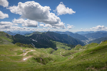 Beautiful nature. Mountain hiking Trail Road. Italy Lago Avostanis Casera Pramosio Alta