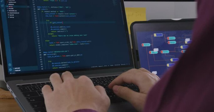 Digital transformation future workforce web DEV career development. Asia people young talent man busy work at home office reskill upskill martech job remote test on AI cloud computing cyber security.