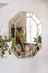 A houseplant and a mirror in a beautiful frame on a white wall in a home interior.Home gardening,urban jungle,biophilic design.Selective focus.