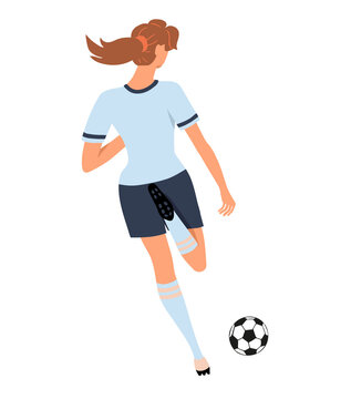 Sporty beautiful girl soccer player kicking a ball. Back view. Girl running, playing football. Colorful female character isolated on white background. Vector illustration.