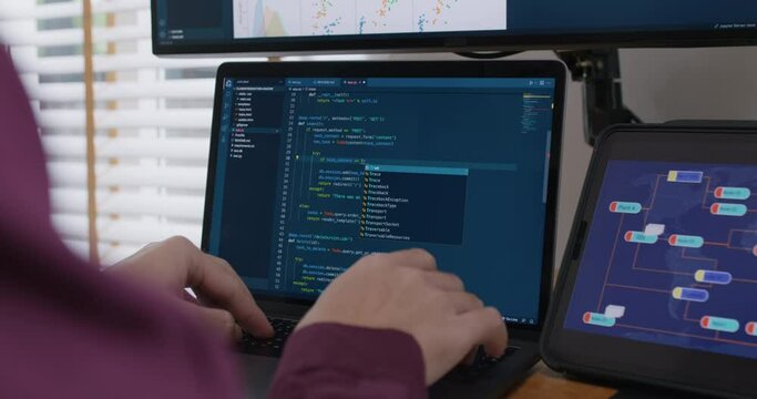 Digital transformation future workforce web DEV career development. Asia people young talent man busy work at home office reskill upskill martech job remote test on AI cloud computing cyber security.