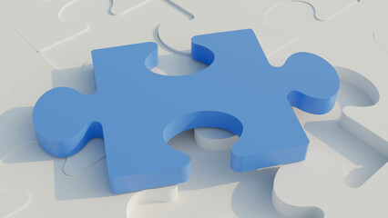 Blue puzzle piece on top of white puzzle pieces. Solving a problem or solving a puzzle concept. 3D rendering illustration. 
