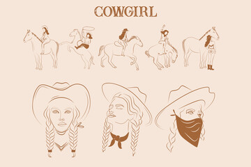 Collection of cowgirl illustration. Woman portrait line illustration. Cowgirl rider on horse. Editable vector illustration. - obrazy, fototapety, plakaty