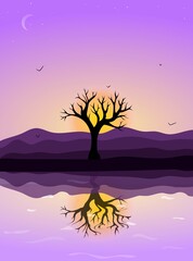 landscape, black tree at sunset reflected in the lake