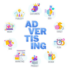 Advertising banner with set of icons. Creative digital marketing strategy.