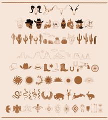Wild West elements collection with cactus, skull, desert landscape, western animals, symbols. Perfect for create logotype. Editable vector illustration. - obrazy, fototapety, plakaty