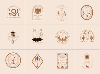 Collection of Western logotype with cowboy, desert landscape, cactus, skull, horseshoe. Wild West emblem. Editable vector illustration.