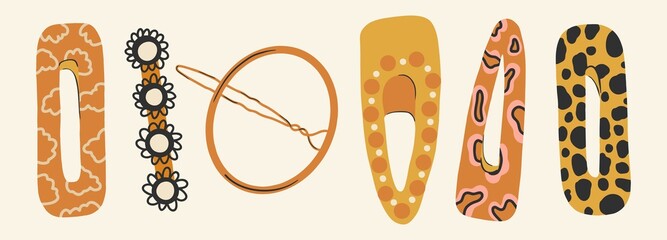 Set of various hairpins in golden color. Hair accessories, beauty design. Women's salon concept. Flat design, hand drawn, cartoon.