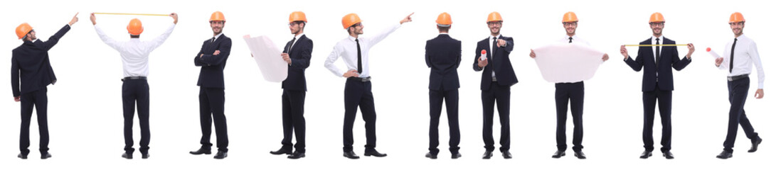 panoramic photo collage of confident architect isolated on white