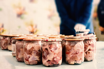 Glass jars with meat. home preservation.