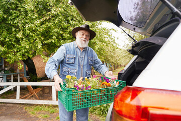 Aged florist loading orders to car trunk