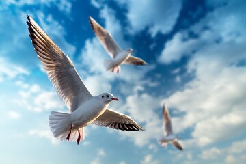 Beautiful sunny sky with white clouds and flying seagull birds