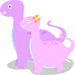 Vector lovely Dino couple walking together on white background. Purple and pink Dino lover. Single pattern with hand-drawn child-style arts.