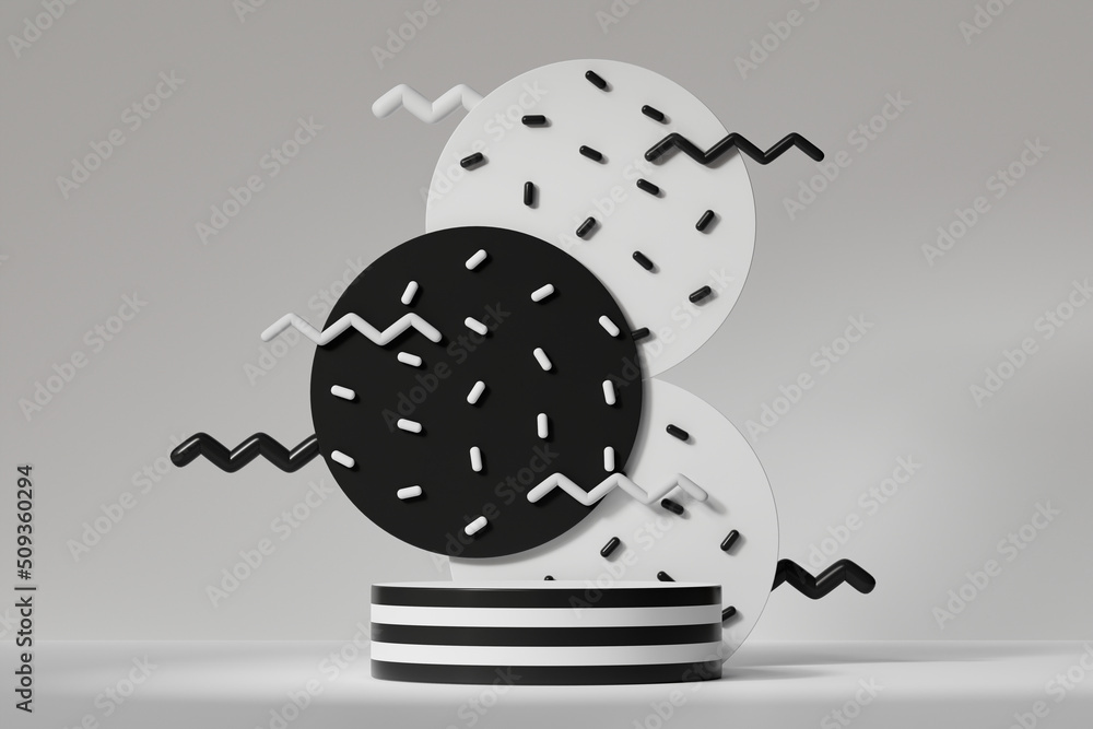 Poster 3d rendering memphis style empty cylinder podium on dark gray background. abstract scene for product