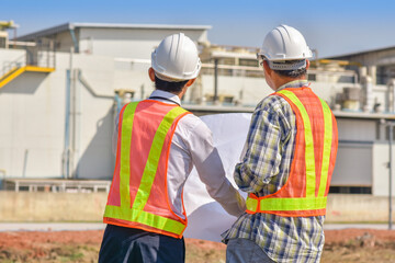 Asian Engineer teamwork construction on site outdoor inspection project
