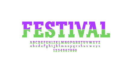 Trendy font, slab serif alphabet, colored uppercase and lowercase letters and numbers made in striped style