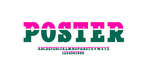Multi colored font, slab serif alphabet, uppercase letters and numbers cut into two parts