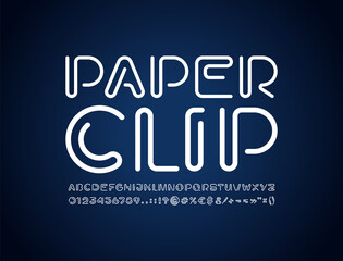 Paper clip alphabet, white font from thin segment rounded line, letters and numbers made in the line style