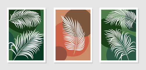 Set of posters or paintings with elements of tropical palm leaves and abstract shapes, modern graphic design. Vector art with plant elements, covers, business cards or pictures for wall decor