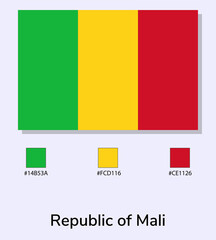 Vector Illustration of Republic of Mali flag isolated on light blue background. Illustration National Republic of Mali flag with Color Codes. As close as possible to the original.
