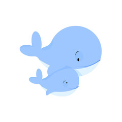 Two blue whales, small and large, swim