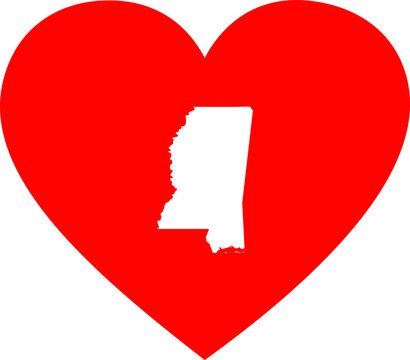 recommend clip art: White Map of US federal state of Mississippi inside red heart shape