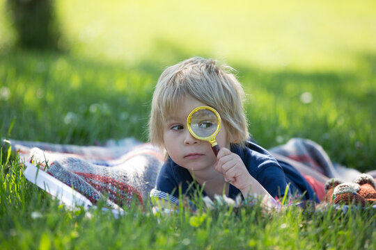 Cute toddler child, blond boy, playing with magnifying glass  and drawing in a picture book in the park
