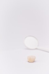 Fototapeta na wymiar dental ceramic crown and dentistry mirror on a soft white desk - tools and professions 