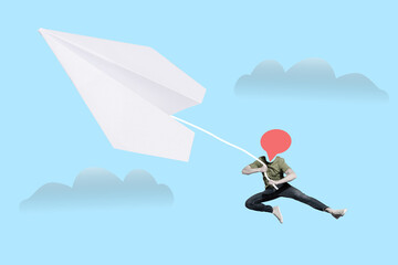 Creative collage picture of person hold paper airplane flying clouds isolated on blue background