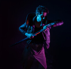 A guy in a cyberpunk image. Cyborg samurai is preparing to attack using a tuned sword. A young man...