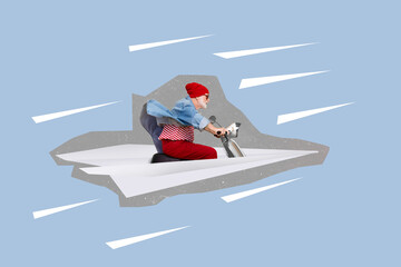 Creative collage picture of aged person driving flying paper plat jet isolated on drawing blue background