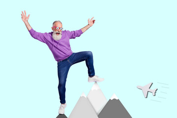 Composite collage illustration of huge aged person climb mountain top flying airplane