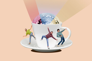 Creative collage portrait of three people enjoy dancing near huge coffee cup disco ball lights