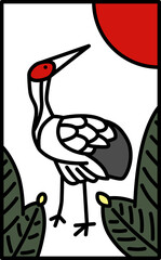 シンプルな花札のカラーイラスト　睦月　松　鶴　1月　松に鶴