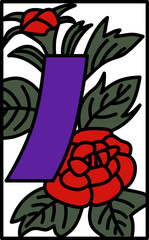 Obraz premium シンプルな花札のカラーイラスト 水無月 牡丹 青短 6月 牡丹に青短