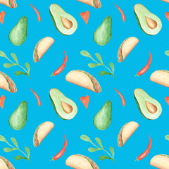 Watercolor taco and avocado seamless pattern on a blue background. Hand-drawn Mexican food endless print. Fiesta wallpaper. Tacos, avocado, chili pepper, heart, leaves.