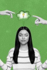 Vertical collage portrait of calm young girl black white gamma closed eyes think meditate arms...